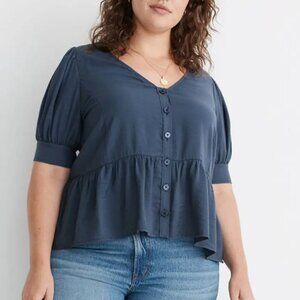 Madewell Women's Size 4X Navy Blue Drapeweave Puff Sleeve Peplum Top